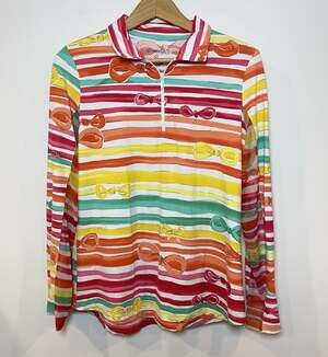 IBKUL 1/4 Zip Shirt Long Mesh Sleeve Multi Stripe Bows Medium M